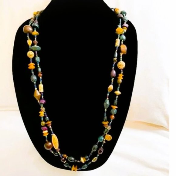 Layered Metal Resin Wooden Bead Strands Necklace - Picture 2 of 4